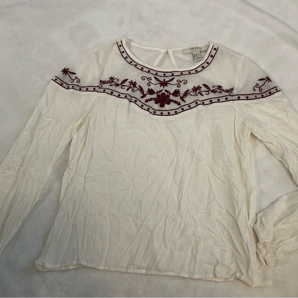 Forever 21 Cream Blouse with Maroon Embroidery